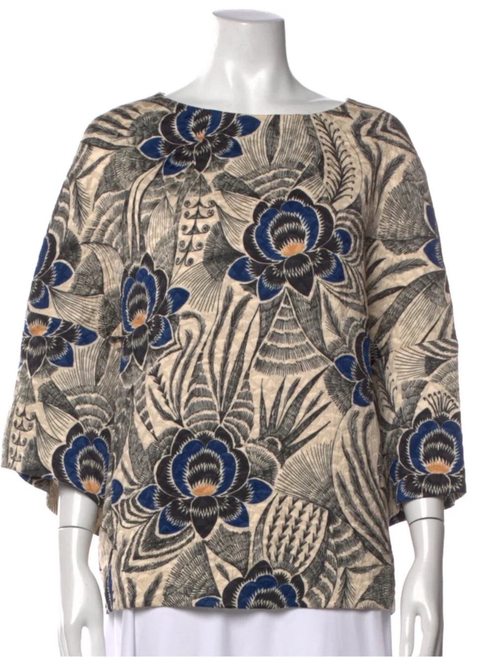 Dries Van Noten Blue and Cream Floral Viscose Cotton Blend Top